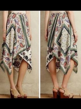 Anthropologie Maeve Bohemian Paisley Handkerchief Hem Skirt - White Multi